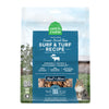 A 9 oz bag of Grain Free, Open Farm Freeze-Dried-Raw Surf & Turf Recipe cat food. Meal or Mixer, Humanely raised and sustainably sourced. A photo of a Maine Coon cat standing in a field on a farm covers the bag, with a blue bar in the center to highlight the white text over it.