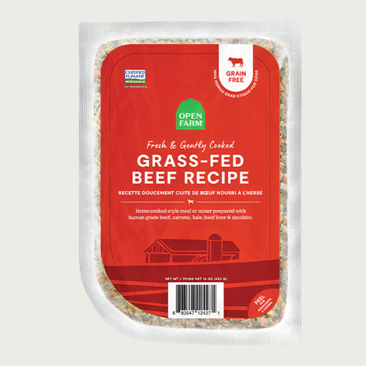 A 16 oz clear pouch of Open Farm Fresh & Gently Cooked Grass-Fed Beef Recipe. Red label covers the front, with product details: Grain Free, 100% Human Grade Food for Dogs, Animal Welfare Certified. Peel corner to open pouch.