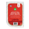 A 16 oz clear pouch of Open Farm Fresh & Gently Cooked Grass-Fed Beef Recipe. Red label covers the front, with product details: Grain Free, 100% Human Grade Food for Dogs, Animal Welfare Certified. Peel corner to open pouch.