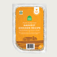 Load image into Gallery viewer, A 16 oz clear pouch of Open Farm Fresh & Gently Cooked Harvest Chicken Recipe. Yellow label covers the front, with product details: Grain Free, 100% Human Grade Food for Dogs, Animal Welfare Certified. Peel corner to open pouch.
