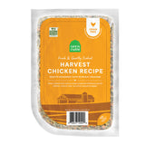 A 16 oz clear pouch of Open Farm Fresh & Gently Cooked Harvest Chicken Recipe. Yellow label covers the front, with product details: Grain Free, 100% Human Grade Food for Dogs, Animal Welfare Certified. Peel corner to open pouch.