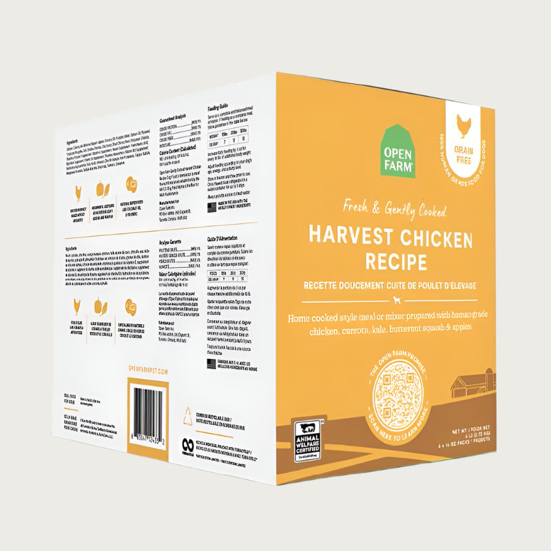 A 96 oz bulk box of Open Farm Fresh & Gently Cooked Harvest Chicken Recipe. Shorter side is yellow, with product details: Grain Free, 100% Human Grade Food for Dogs, Animal Welfare Certified. Long side of box lists ingredients and feeding guide.