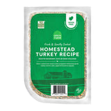 A 16 oz clear pouch of Open Farm Fresh & Gently Cooked Homestead Turkey Recipe. Green label covers the front, with product details: Grain Free, 100% Human Grade Food for Dogs, Animal Welfare Certified. Peel corner to open pouch.