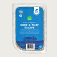 Load image into Gallery viewer, A 16 oz clear pouch of Open Farm Fresh & Gently Cooked Surf & Turf Recipe. Blue label covers the front, with product details: Grain Free, 100% Human Grade Food for Dogs, Animal Welfare Certified. Peel corner to open pouch.
