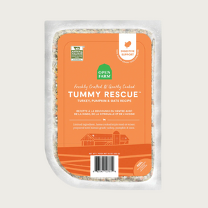 A 16 oz clear pouch of Open Farm Freshly Crafted & Gently Cooked Tummy Rescue Recipe with turkey, pumpkin & oats. Orange label covers the front, with product details: Digestive Support, 100% Human Grade Food for Dogs, Animal Welfare Certified. Peel corner to open pouch.