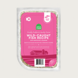 A 16 oz clear pouch of Open Farm Freshly Crafted & Gently Cooked Wild-Caught Fish Recipe. Hot pink label covers the front, with product details: Grain Free, 100% Human Grade Food for Dogs, Ocean Wise Recommended. Peel corner to open pouch.