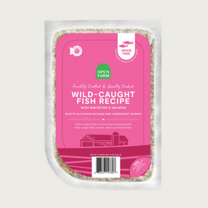 A 16 oz clear pouch of Open Farm Freshly Crafted & Gently Cooked Wild-Caught Fish Recipe. Hot pink label covers the front, with product details: Grain Free, 100% Human Grade Food for Dogs, Ocean Wise Recommended. Peel corner to open pouch.