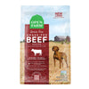 A bag of Open Farm Grain Free Beef Recipe dog food. Humanely raised and sustainably sourced. A photo of a Vizsla dog standing in a field on a farm covers the bag, with a red bar behind the white text to highlight it.