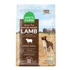 A bag of Open Farm Grain Free Lamb Recipe dog food. Humanely raised and sustainably sourced. A photo of a Boxer dog standing in a field on a farm covers the bag, with a brown bar behind the white text to highlight it.
