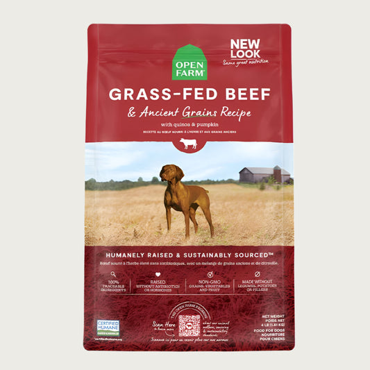 A bag of Open Farm Beef & Ancient Grains Recipe dog food. Humanely raised and sustainably sourced. A photo of a Vizsla dog standing in a field on a farm is in the center 1/3 of the bag, with a red band on the top 1/3 and bottom 1/3 behind white text to highlight it.