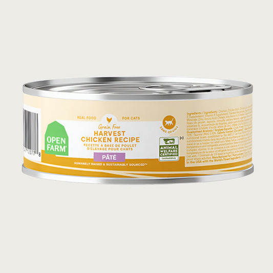 A 2.8 oz can of Open Farm Harvest Chicken Recipe Pate cat food. Grain free, Humanely Raised & Sustainably Sourced. Animal Welfare Certified.