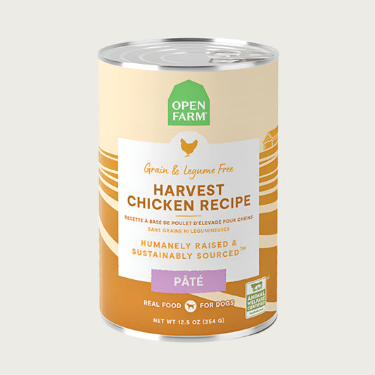 A 12.5 oz can of Open Farm Harvest Chicken Recipe Pate dog food. Grain & legume free, Humanely Raised & Sustainably Sourced. Animal Welfare Certified.