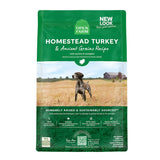 A bag of Open Farm Turkey & Ancient Grains Recipe dog food. Humanely raised and sustainably sourced. A photo of a Pointer dog standing in a field on a farm is in the center 1/3 of the bag, with a green band on the top 1/3 and bottom 1/3 behind white text to highlight it.