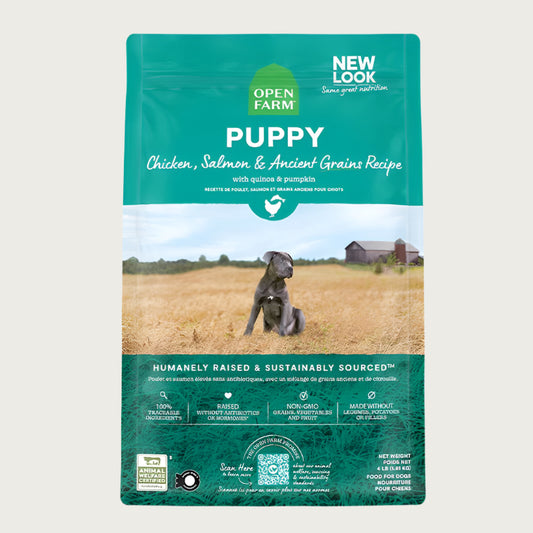 A bag of Open Farm Puppy Recipe with Ancient Grains dog food. Humanely raised and sustainably sourced. A photo of a gray Pit Bull puppy standing in a field on a farm is in the center 1/3 of the bag, with a teal band on the top 1/3 and bottom 1/3 behind white text to highlight it.