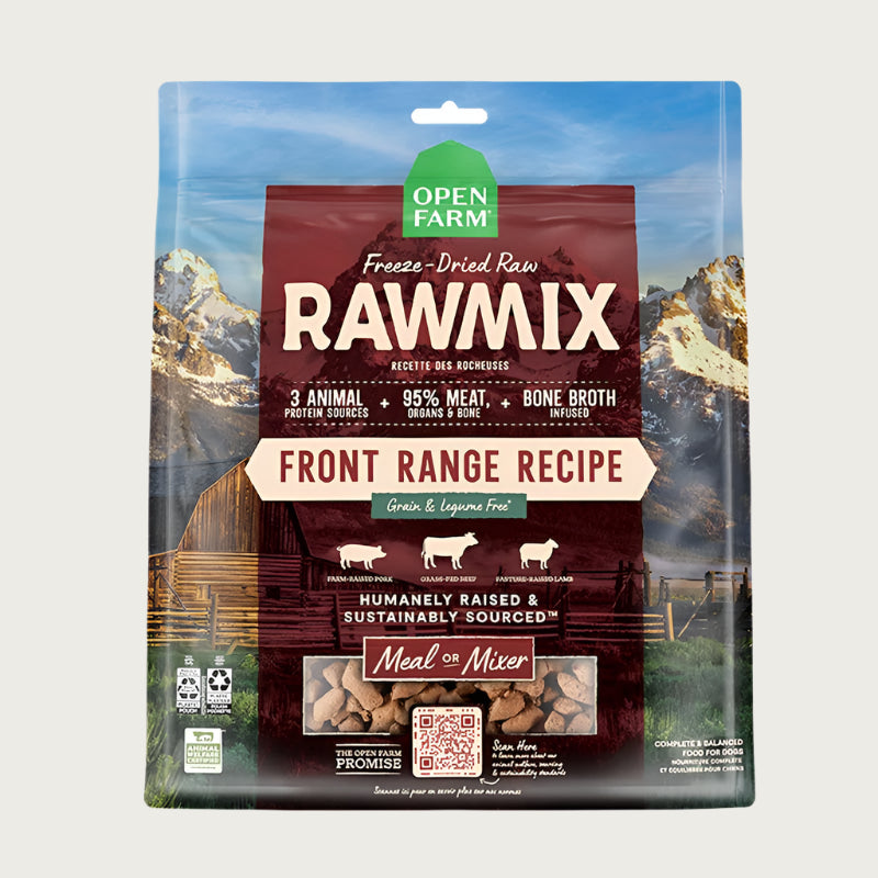 A 13.5 oz bag of Open Farm RawMix Freeze-Dried Raw Front Range Recipe dog food. 3 animal protein sources, 95% meat, organs & bone, bone broth infused. Humanely raised and sustainably sourced. A mountain ranch scene is in the background of the bag, with a vertical red bar behind the white text to highlight it.