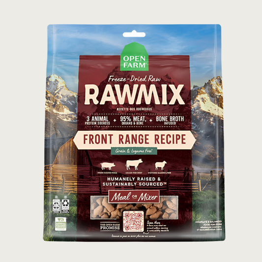 A 13.5 oz bag of Open Farm RawMix Freeze-Dried Raw Front Range Recipe dog food. 3 animal protein sources, 95% meat, organs & bone, bone broth infused. Humanely raised and sustainably sourced. A mountain ranch scene is in the background of the bag, with a vertical red bar behind the white text to highlight it.