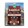 A 13.5 oz bag of Open Farm RawMix Freeze-Dried Raw Front Range Recipe dog food. 3 animal protein sources, 95% meat, organs & bone, bone broth infused. Humanely raised and sustainably sourced. A mountain ranch scene is in the background of the bag, with a vertical red bar behind the white text to highlight it.