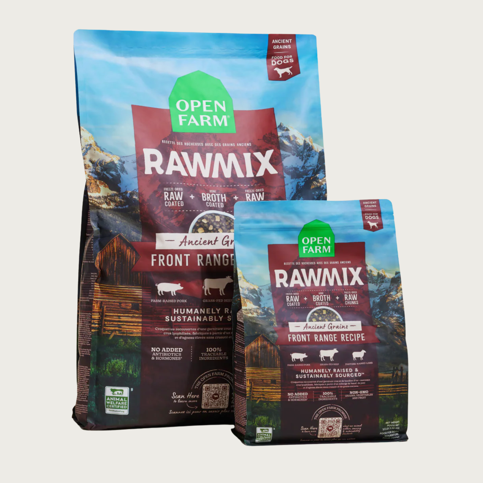 Two packages of Open Farm Rawmix Front Range Ancient Grains recipe dog food. The 3.5lb bag is standing in front of the 20lb bag.