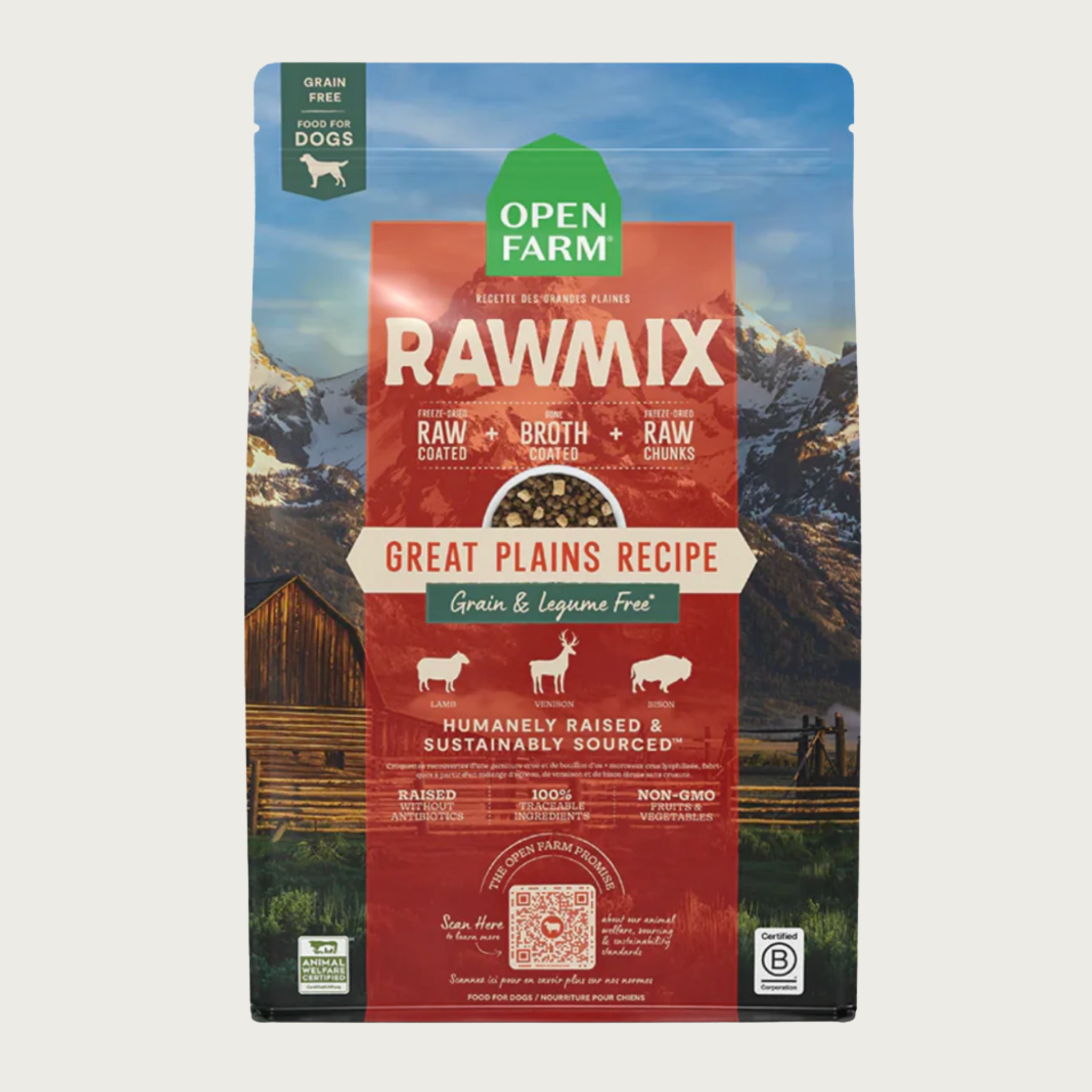 A bag of Open Farm RawMix Grain & Legume Free Great Plains Recipe dog food. Humanely raised and sustainably sourced. A mountain ranch scene is in the background of the bag, with a vertical dark orange bar behind the white text to highlight it.
