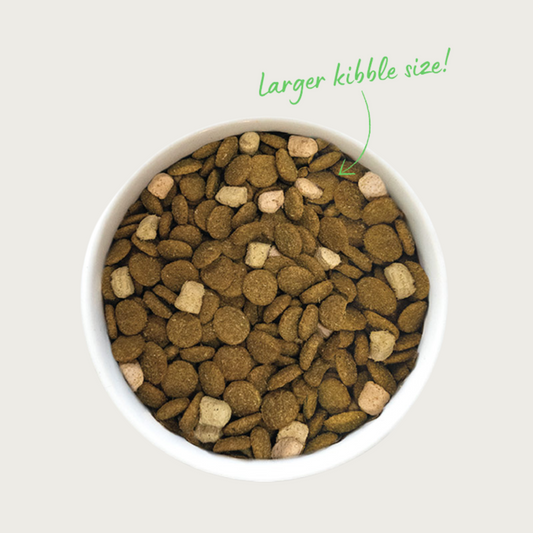 A close-up bowl of Open Farm's RawMix Large Breed Recipe dog food. It is filled with disc shaped brown kibbles, accented with light tan pieces of freeze dried raw.