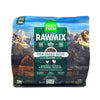 A 2.25 lb bag of Open Farm RawMix Grain Free Open Prairie Recipe cat food. Humanely raised and sustainably sourced. A mountain ranch scene is in the background of the bag, with a vertical green bar behind the white text to highlight it.