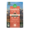 A bag of Open Farm RawMix Grain Free Tide & Terrain Recipe dog food. Humanely raised and sustainably sourced. A mountain ranch scene is in the background of the bag, with a vertical orange bar behind the white text to highlight it.