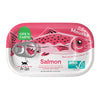 An oblong shaped can with pull top, of Open Farm Silky Mousse Salmon Meal Topper for Cats, Net Wt 3.17 oz. Pink illustration of a salmon is on top.