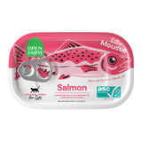 An oblong shaped can with pull top, of Open Farm Silky Mousse Salmon Meal Topper for Cats, Net Wt 3.17 oz. Pink illustration of a salmon is on top.