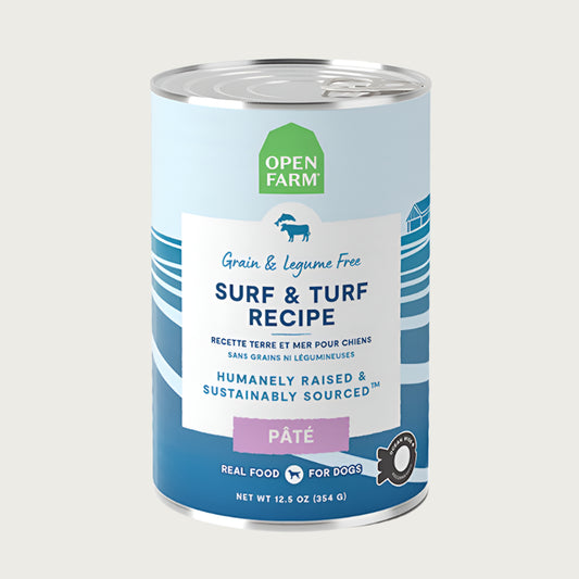 A 12.5 oz can of Open Farm Surf & Turf Recipe Pate dog food. Grain & legume free, Humanely Raised & Sustainably Sourced. Animal Welfare Certified.