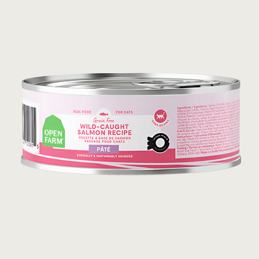 A 2.8 oz can of Open Farm Wild-Caught Salmon Recipe Pate cat food. Grain & legume free, ethically & Sustainably Sourced. Oceanwise Recommended.