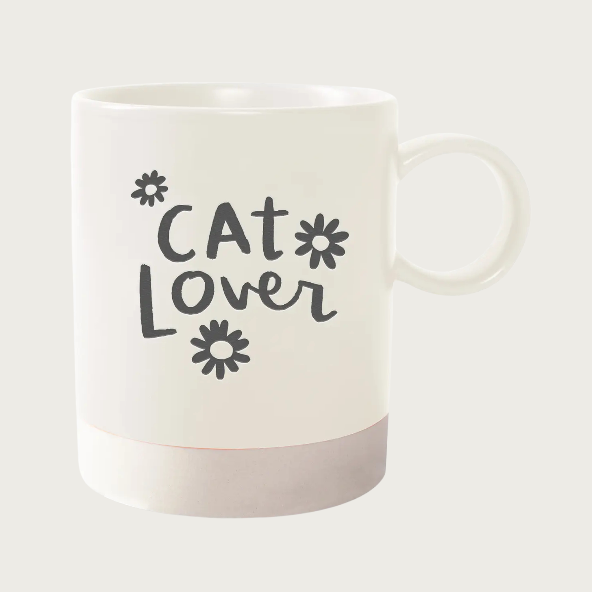 Cream mug with darker cream colored base. Text in center reads 'Cat Lover' in charcoal gray script font with 3 charcoal gray daisies around text. 