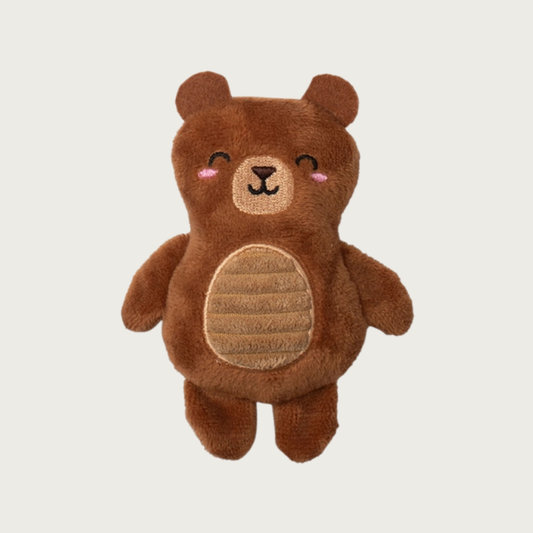 Mini standing brown bear dog toy with sweet embroidered facial expression.