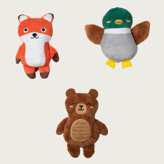 Three mini plush dog toys: a red fox, a mallard duck, and a brown bear.