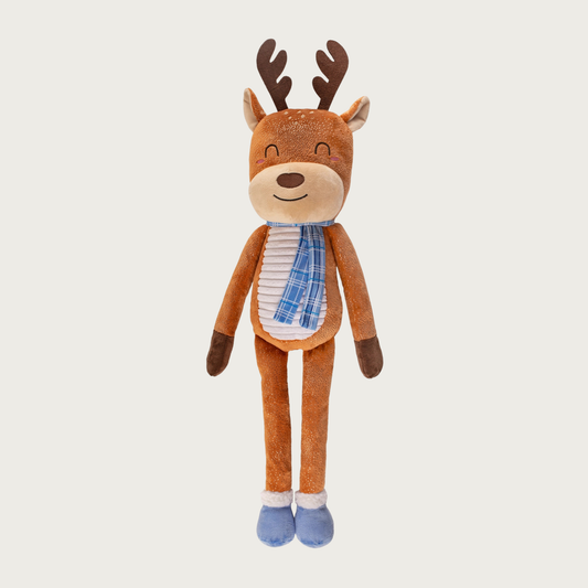 Plush full body reindeer dog toy, wearing a light blue plaid scarf and light blue booties.