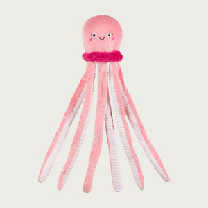 Large pink plush jellyfish dog toy, with a cute facial expression. Very long pink legs, with white textured plush on their reverse sides. A ring of hot pink plush separates its body from its legs.