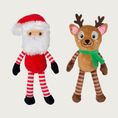 Load image into Gallery viewer, Full body, plush Santa Claus and Reindeer dog toys, side by side. Santa is wearing his hat and has a red body, and red & white striped arms & legs. The reindeer is wearing a green scarf, and has a brown body with dark & light brown striped arms & legs.
