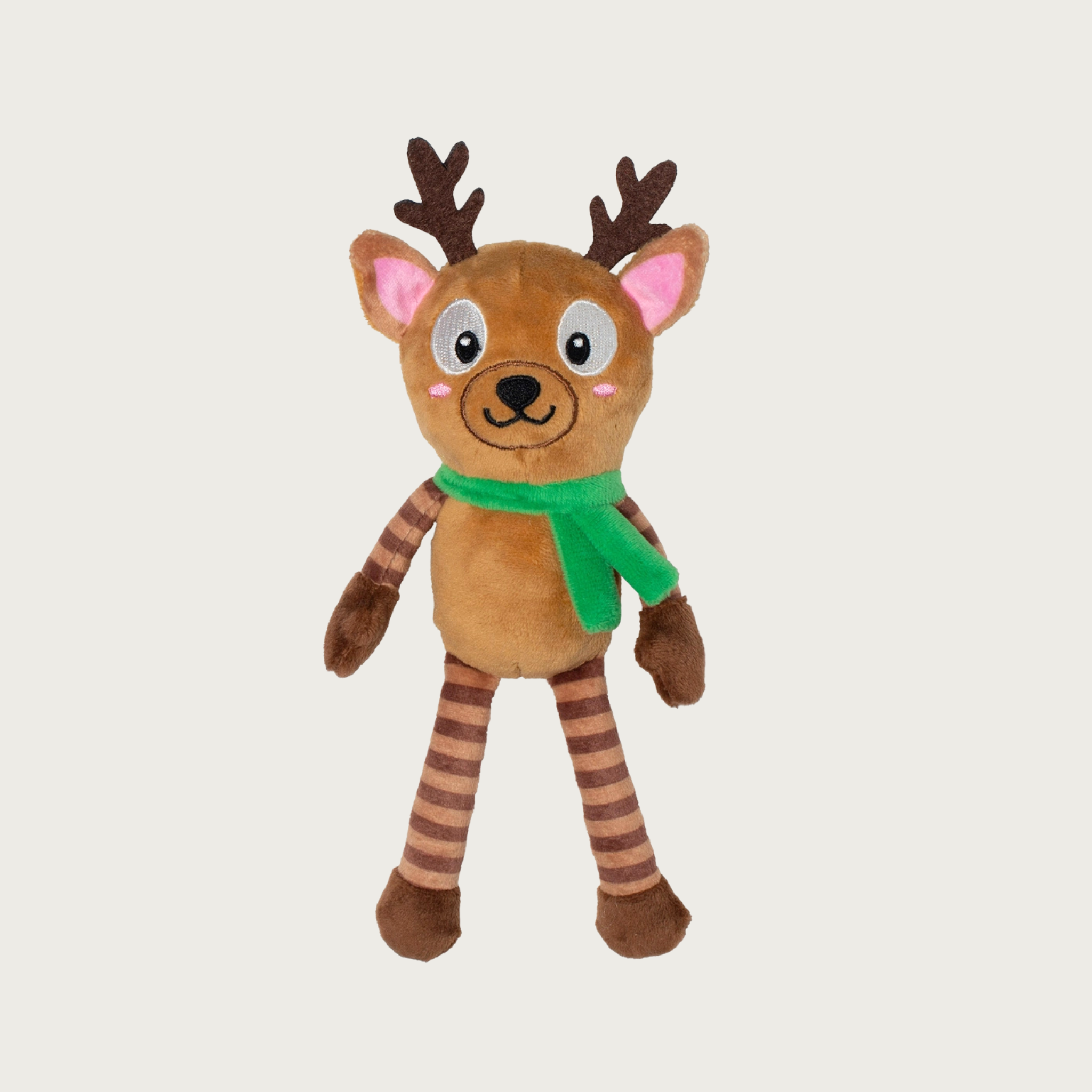 Plush full body reindeer dog toy. It is wearing a green scarf, and has a brown body with dark & light brown striped arms & legs.