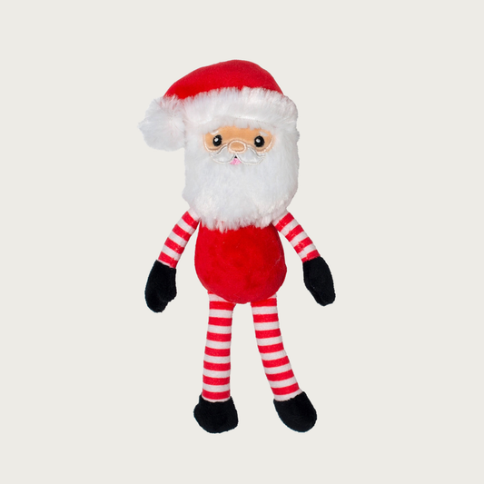 Plush full body Santa dog toy. He is wearing his hat and has a red body, and red & white striped arms & legs. 