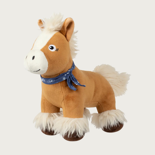 Plush horse dog toy wearing a blue bandana. Its body is tan with wide cream stripe down its face, and shaggy cream faux fur mane, tail, and ankle fluff. Embroidered facial details.