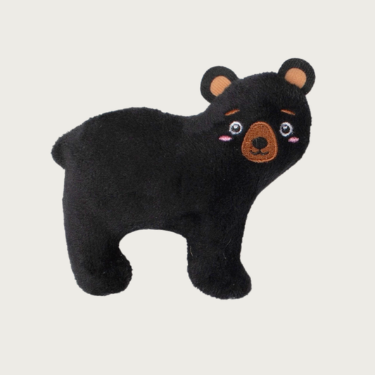 Mini black bear plush dog toy with embroidered facial expression.