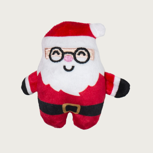 Plush Santa Claus dog toy wearing glasses with closed eyes and a smile.