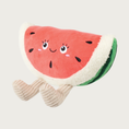 Load image into Gallery viewer, Side view of this watermelon slice dog toy, showing its legs and green stripes on the side.
