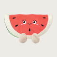 Load image into Gallery viewer, Plush dog toy shaped like a watermelon slice with an embroidered smiley face and seed details, with beige corduroy dangly feet.
