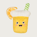 Load image into Gallery viewer, Plush yellow "Glass of lemonade" dog toy with embroidered smiley face, a white ribbed foam top, a green-and-white striped straw, and a lemon slice garnish. Body has tiny silvery dot accents.
