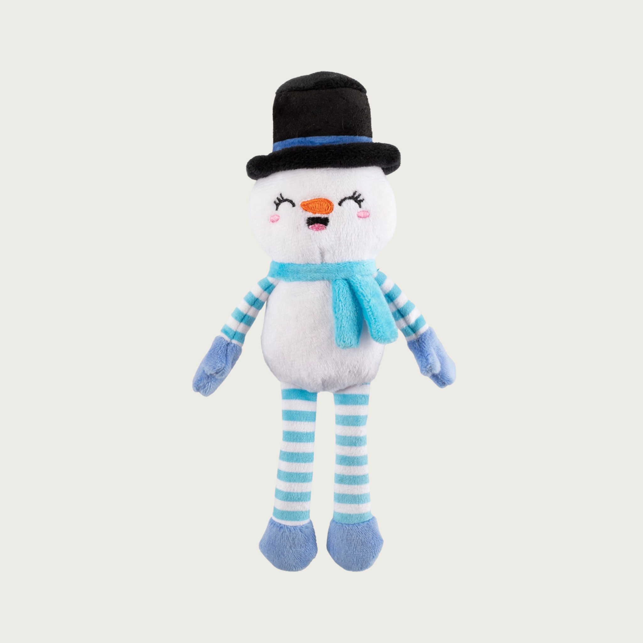 Full body, plush snowman dog toy wearing a black top hat & light blue scarf, and has a white body with light blue & white striped arms & legs.