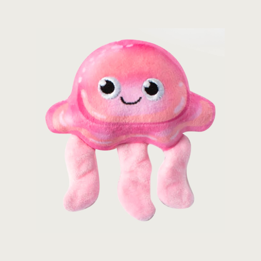 A pink plush jellyfish dog toy with a cute embroidered face and three tentacles.