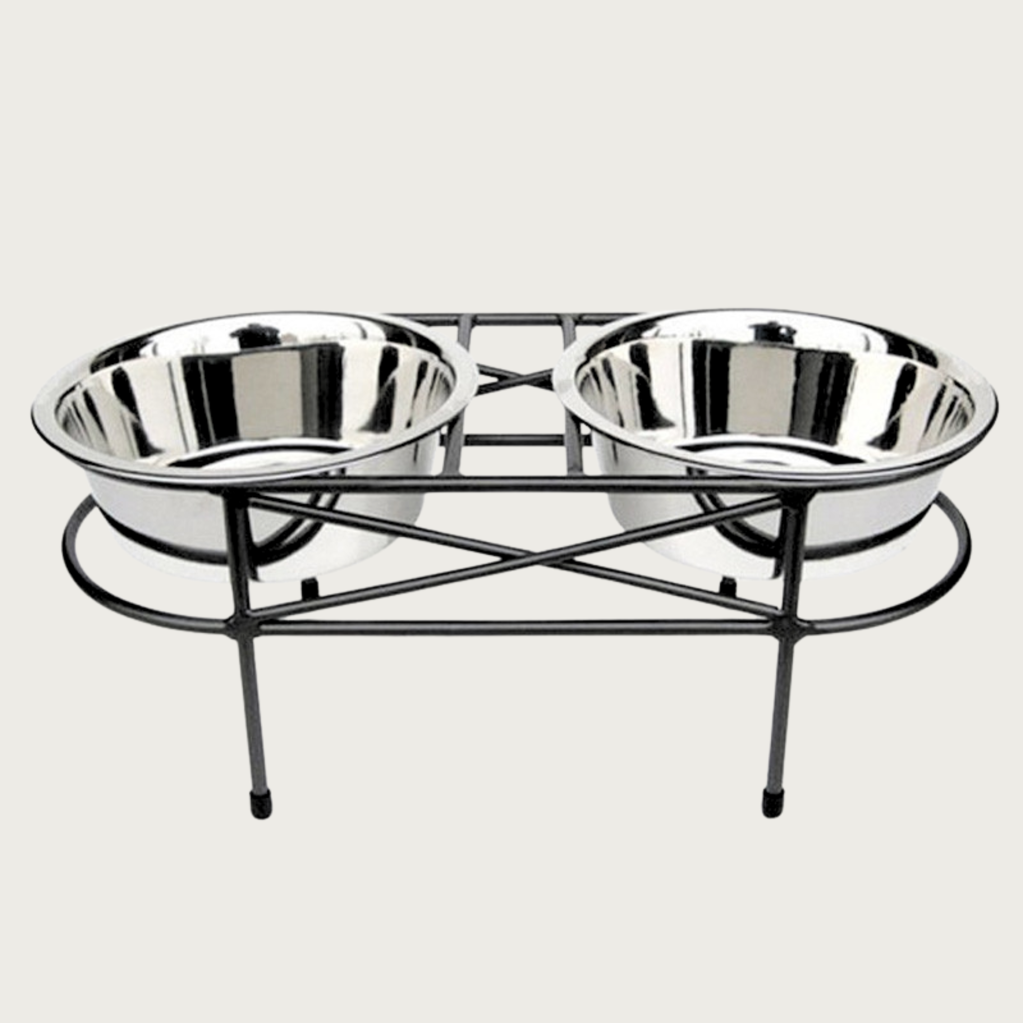 Black, wrought iron dog feeder in stylish, more delicate looking design, with 2 stainless steel bowls.