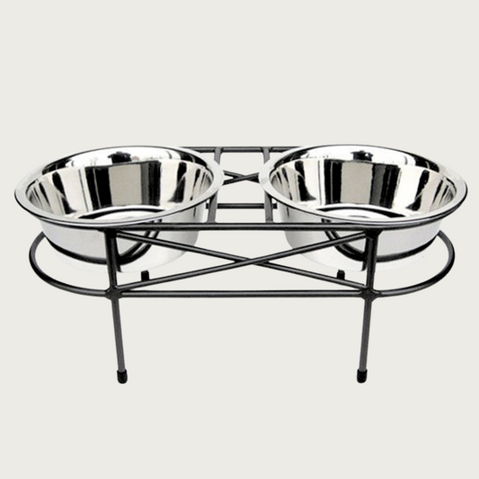 Black, wrought iron dog feeder in stylish, more delicate looking design, with 2 stainless steel bowls.