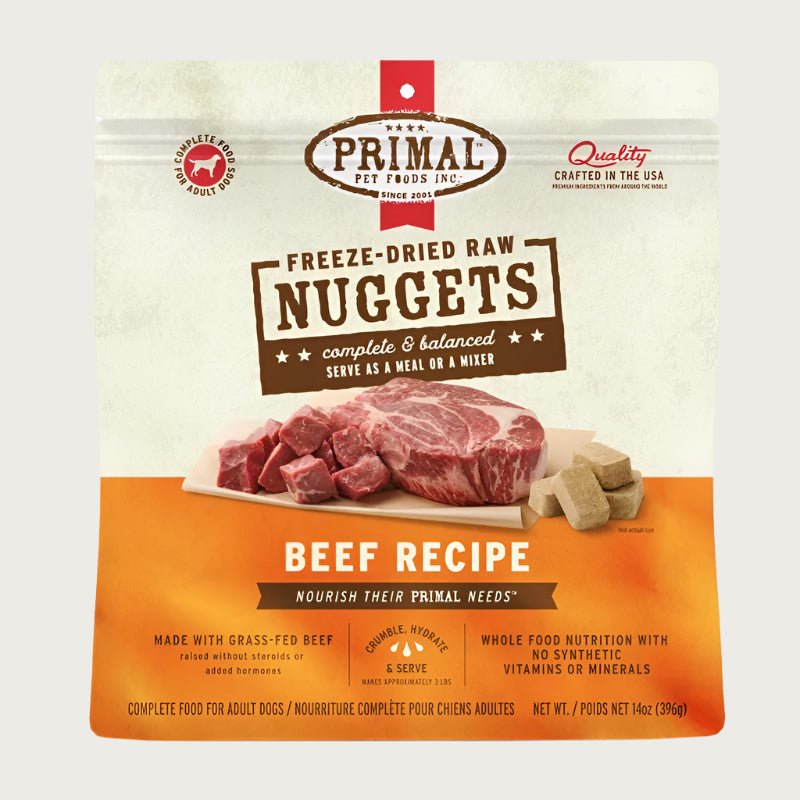 Primal beef recipe freeze-dried raw dog food for adult dogs, in a 14 ounce bag. 