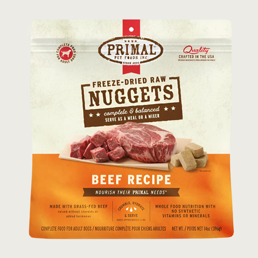 Primal beef recipe freeze-dried raw dog food for adult dogs, in a 14 ounce bag. 